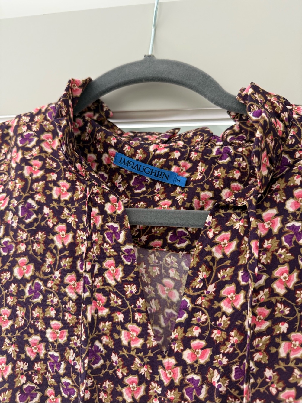 J. McLaughlin Floral V-Neck Ruffle Blouse in Purple, Pink & Cream